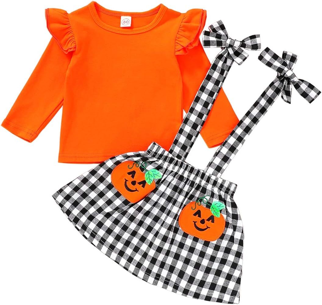 Halloween Thanksgiving Baby Girls Clothes Ruffle Flutter Sleeves Top+Pumpkin Strap Dress Skirt To... | Amazon (US)