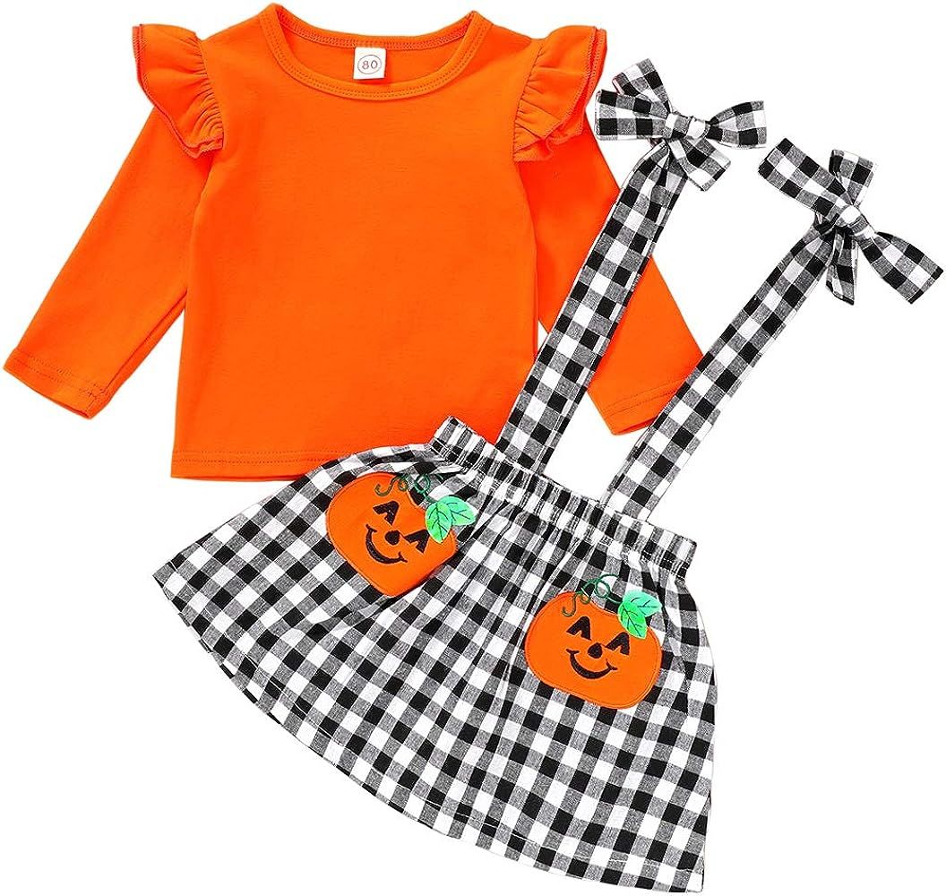 Halloween Thanksgiving Baby Girls Clothes Ruffle Flutter Sleeves Top+Pumpkin Strap Dress Skirt To... | Amazon (US)