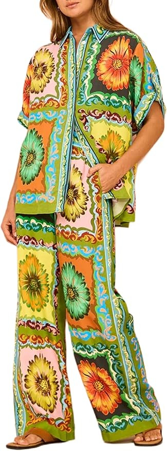 Peaceglad Women's Summer Print Two Piece Pajama Set Short Sleeve Button Down Tops Drawstring Long... | Amazon (US)