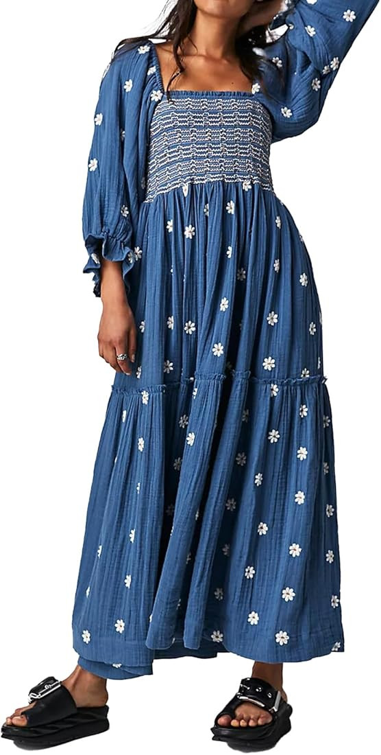 ABYOVRT Women Floral Embroidered Maxi Dress Long Puff Sleeve Square Neck Bohemian Flowy Dress wit... | Amazon (US)