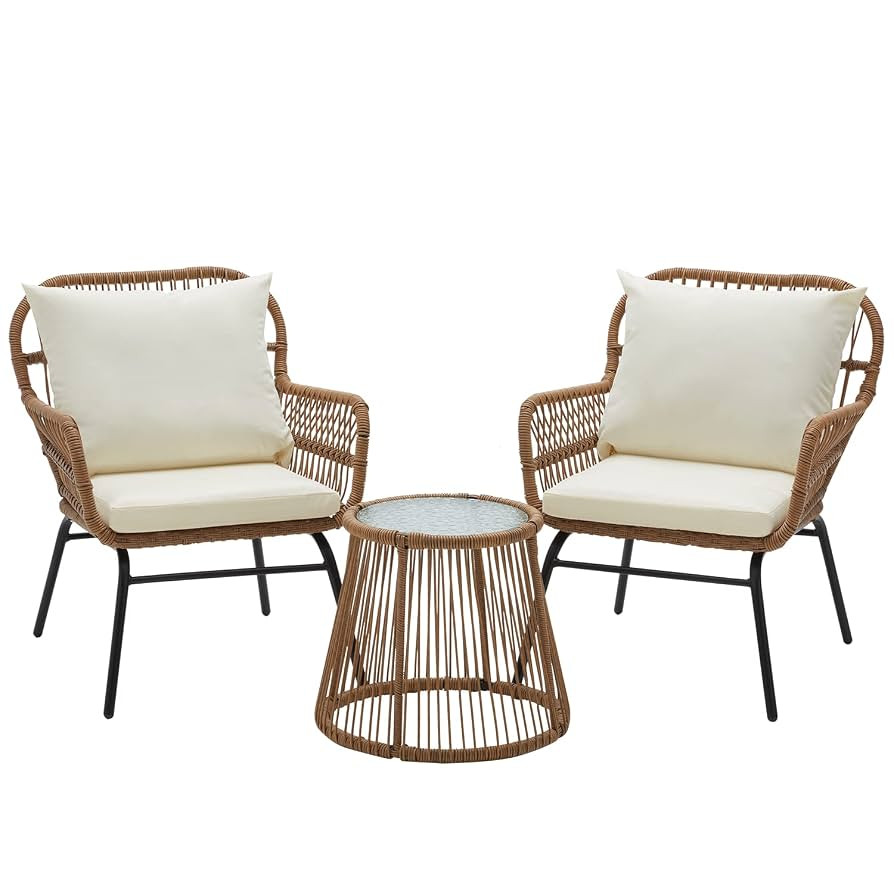 EROMMY 3-Piece Patio Conversation Bistro Set, Outdoor All-Weather Wicker Balcony Furniture with T... | Amazon (US)