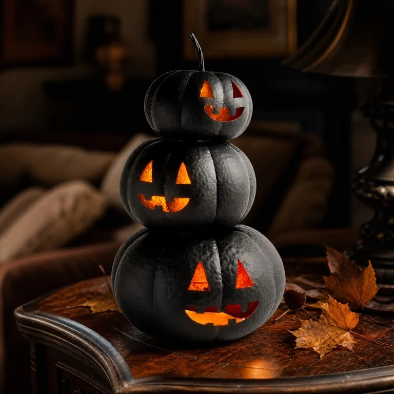 Halloween Lit Stacked Hammered Jack-O'-Lantern Decoration \u2013 3-Tier Light-Up Halloween Indoor... | Walmart (US)