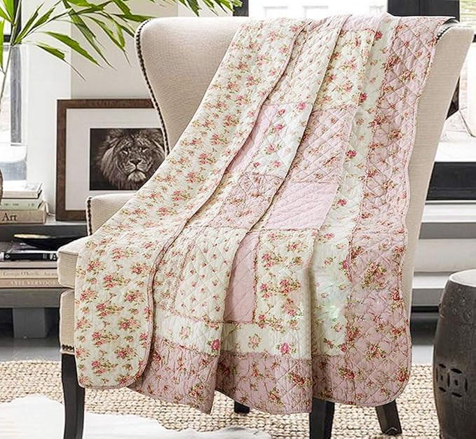 Cozyholy Original 100% Cotton Quilt Twin Size Pink Floral Patchwork Quilted Throw Blanket, Revers... | Amazon (US)