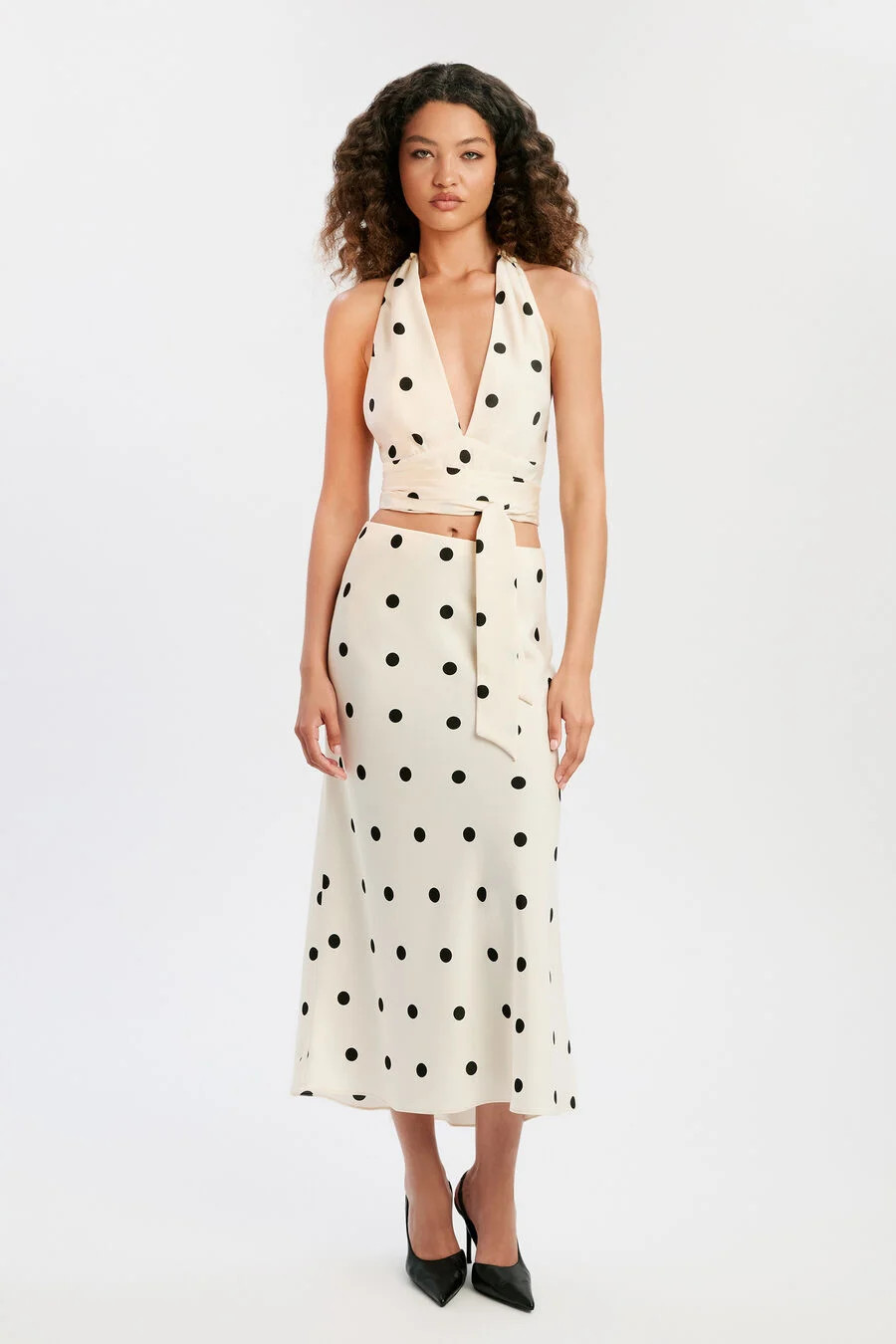 phoebe satin halter tie top in black spot | Bardot (US)
