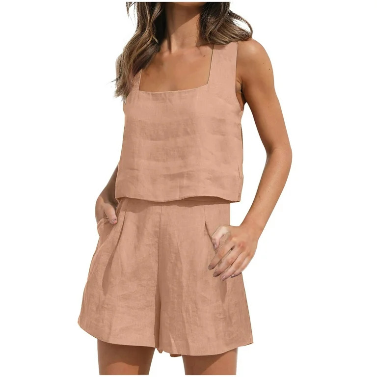 Women's 2 Piece Cotton Linen Outfits Lounge Matching Sets Wide Leg Shorts Crop Tank Tops Sets Sum... | Walmart (US)