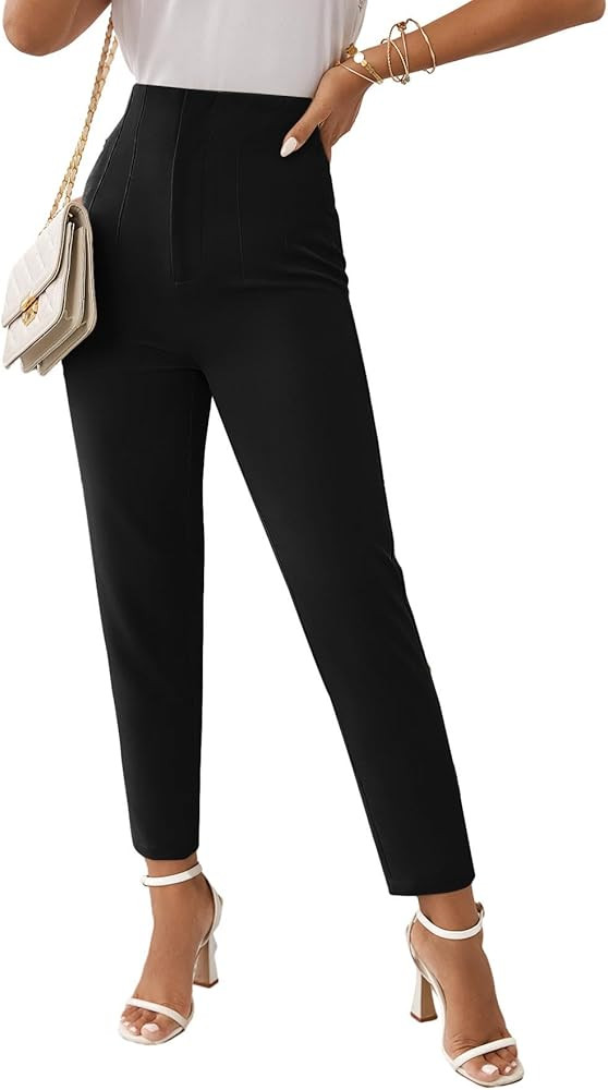 Floerns Women's Solid High Waist Tapered Pants Elegant Workwear Trousers | Amazon (US)