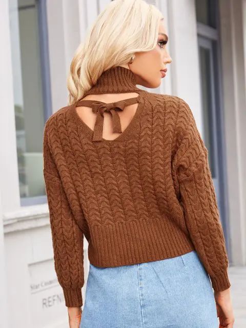 Tie Cut Out Back Cable Knit Sweater - Deep Coffee | ZAFUL (Global)