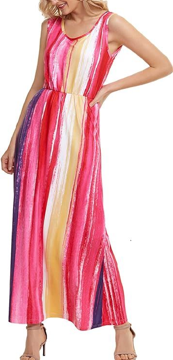 LIYOHON Women's Summer Maxi Dress Boho Loose Striped Floral Printed Casual Sleeveless Party Tank ... | Amazon (US)