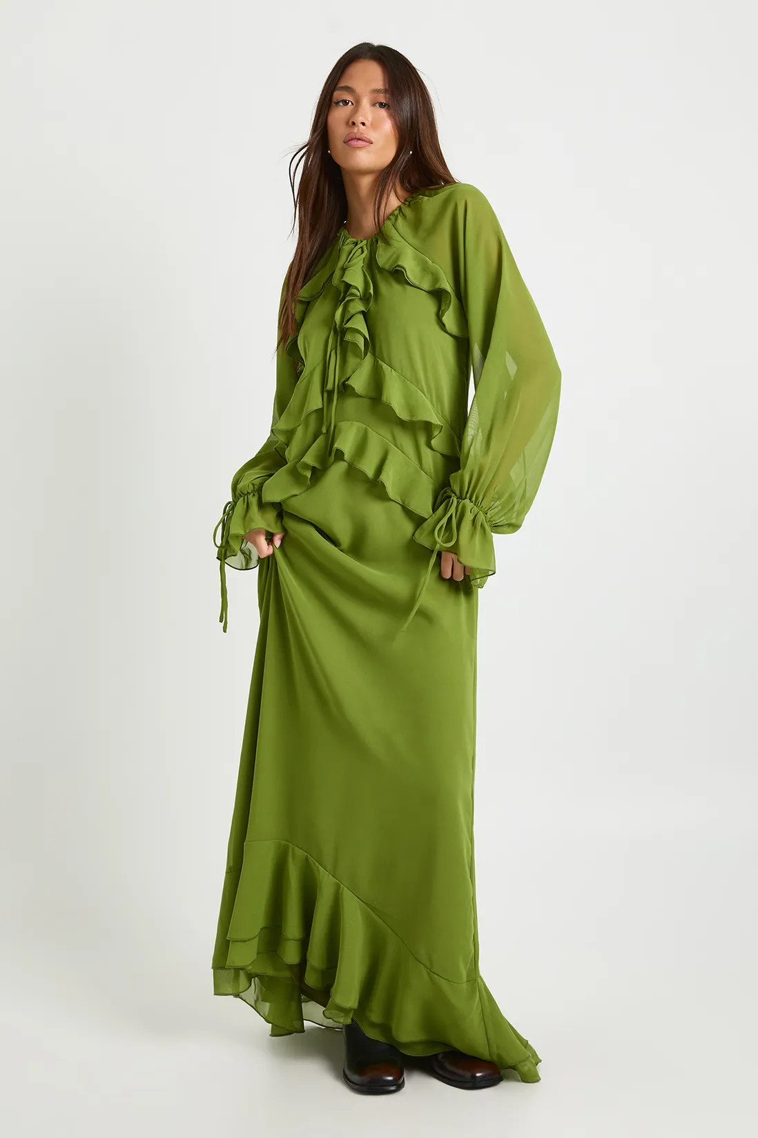 Ruffle Front Smock Maxi Dress | boohoo (US & Canada)