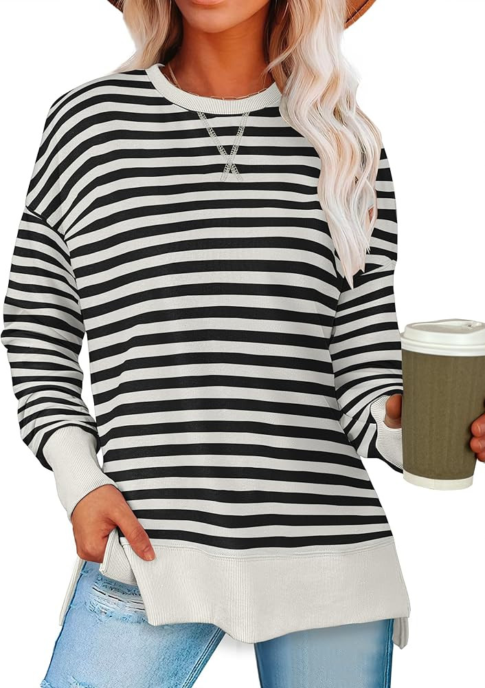 ANRABESS Sweatshirts for women 2024 Fall Fashion Shirts Long Sleeve Crewneck Lightweight Side Spl... | Amazon (US)