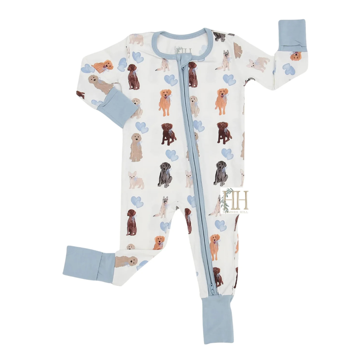 Valentine Blue Puppy Party Double Zipper Romper | Hamner Hill