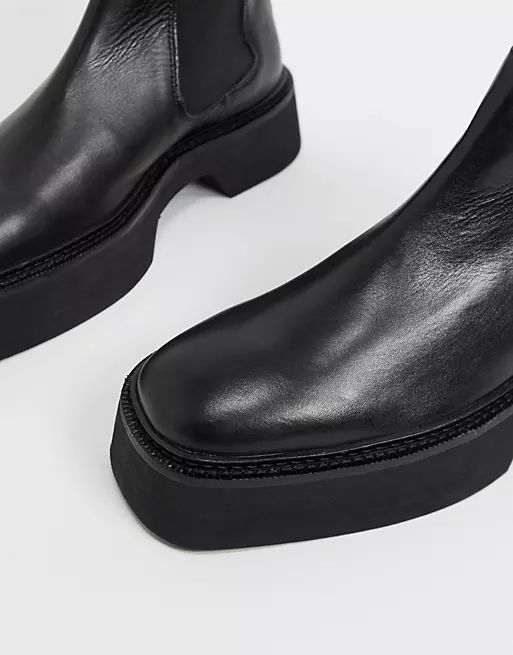 ASOS DESIGN chelsea square toe boots in black high shine leather | ASOS (Global)