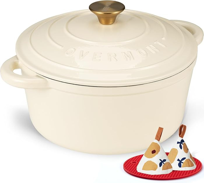 Overmont Enameled Cast Iron Dutch Oven - 7QT Pot with Lid Cookbook & Cotton Potholders - Heavy-Du... | Amazon (US)