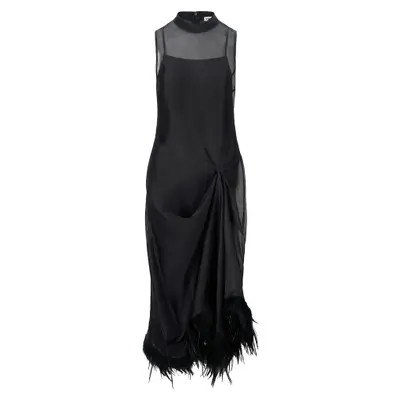 STAUD Lola Feather Trim Silk Midi Dress in Black at Nordstrom, Size Small | Nordstrom