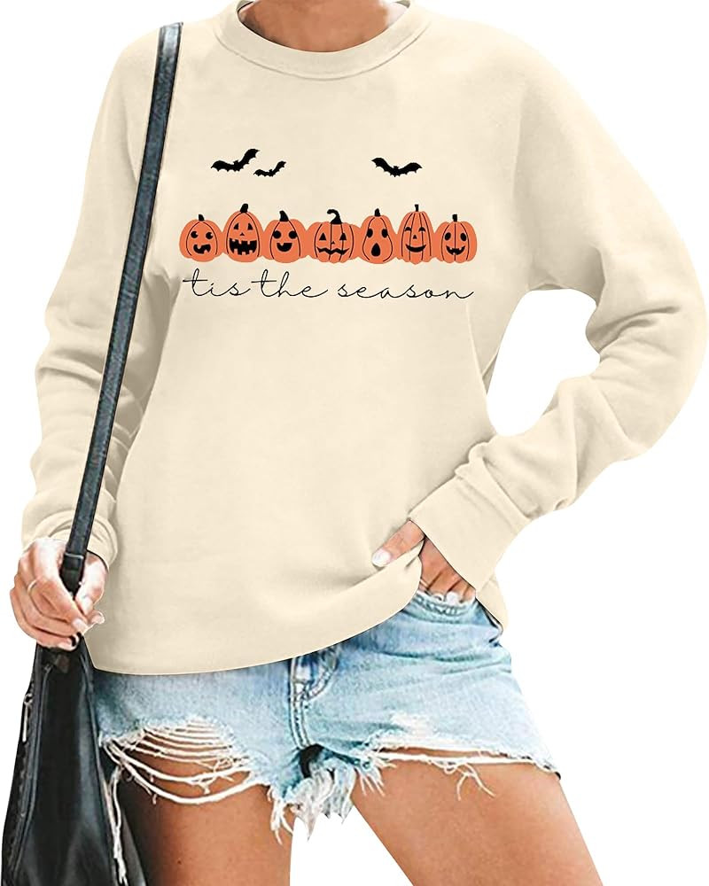 Halloween Sweatshirt Women Tis The Season Shirt Pumpkin Graphic Pullover Vintage Fall Long Sleeve... | Amazon (US)