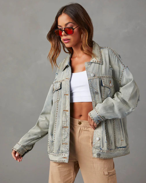 Kind Of A Big Deal Pocketed Studded Denim Jacket - Light Wash | VICI