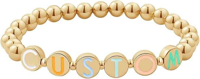 FERIER Personalized Beads Bracelets Gold Plated Handmade Letter Name Number Beads Stretch Bracele... | Amazon (US)