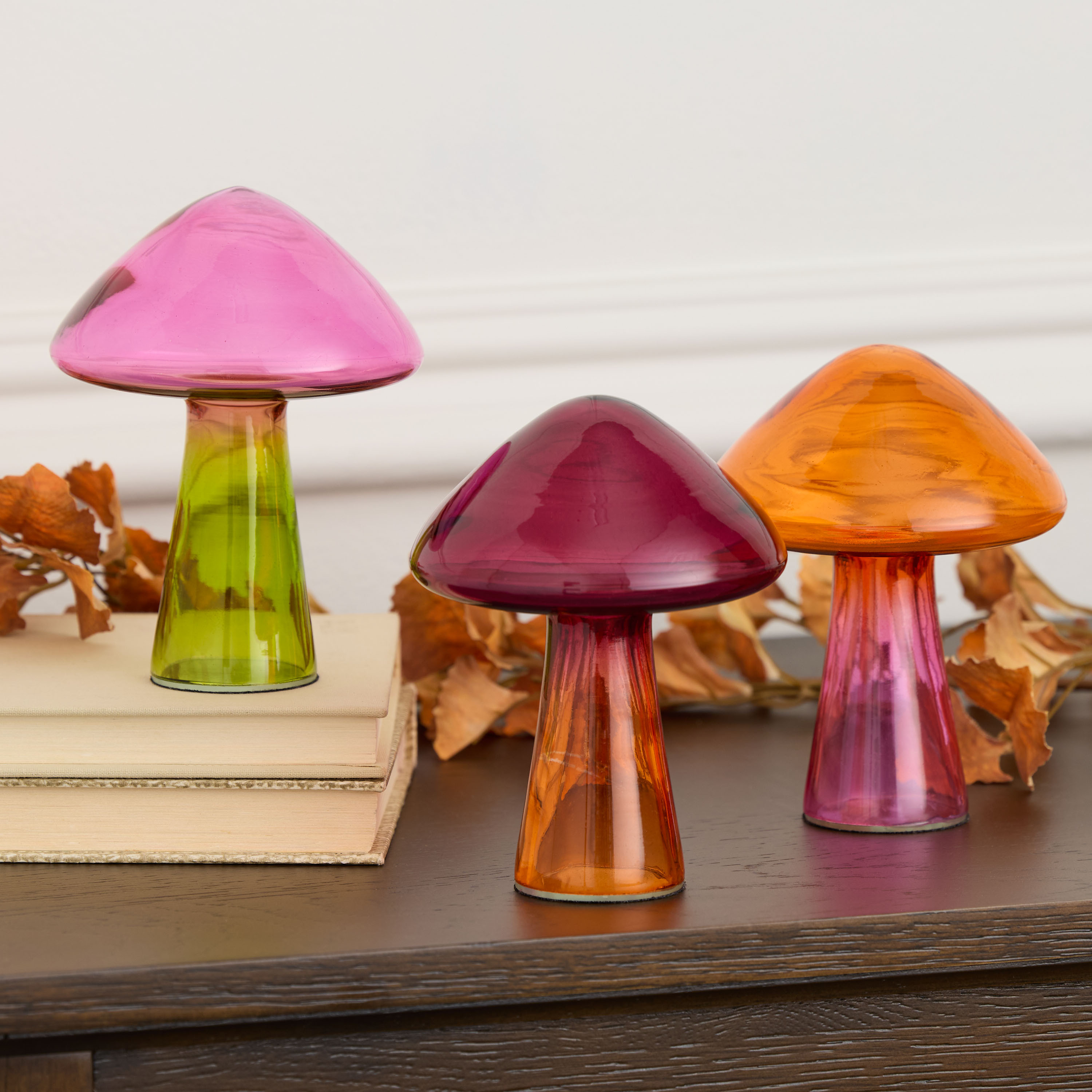 Orange and Maroon Glass Color Block Mushroom Decor Set of 3 | World Market