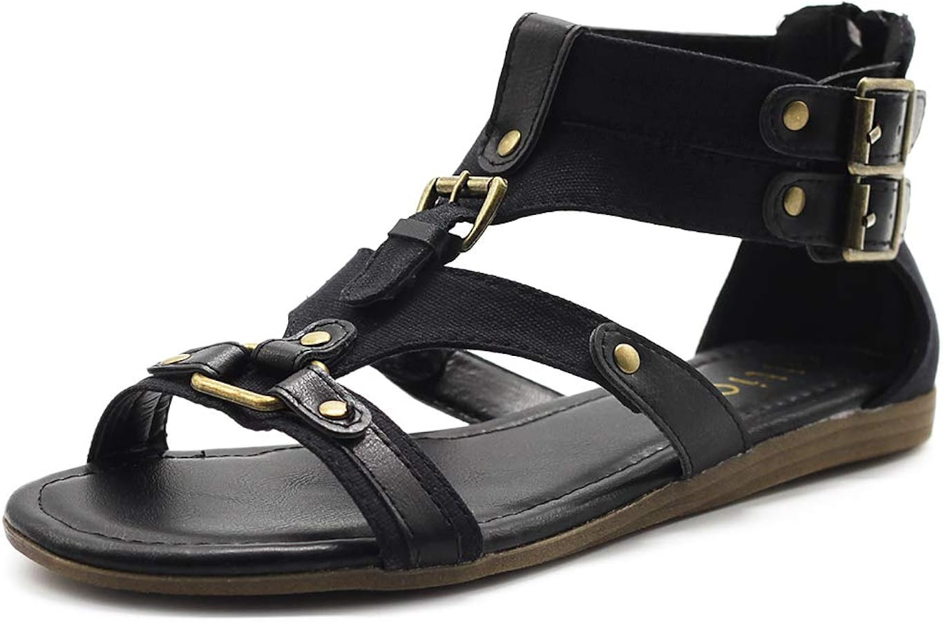 Ollio Women's Flat Shoe Gladiator Strappy Buckle Ankle Strap Back Zipper Sandal | Amazon (US)
