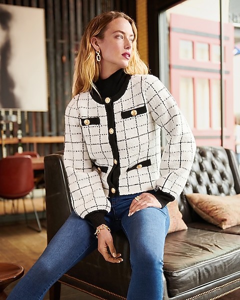 Plaid Novelty Button Sweater Jacket | Express