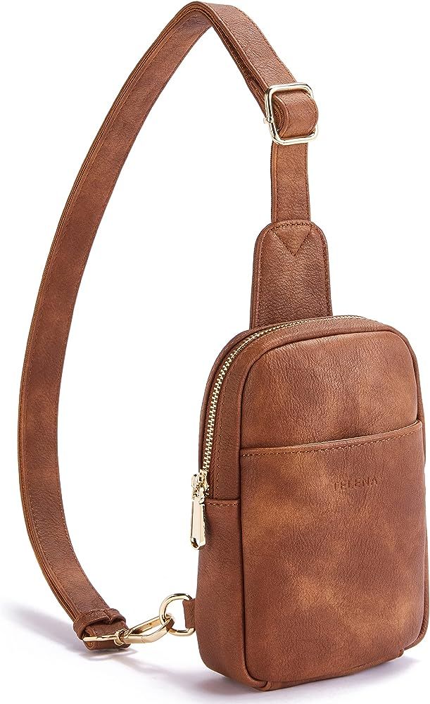 Telena Small Sling Bag for Women Leather Crossbody Fanny Packs Chest Bag for Women Mocha Brown | Amazon (US)