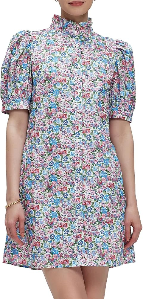 Ladyful Women's Summer Floral Dress Short Sleeve Button Down Shirt Mini Dress Ruffle Mock Neck Sh... | Amazon (US)