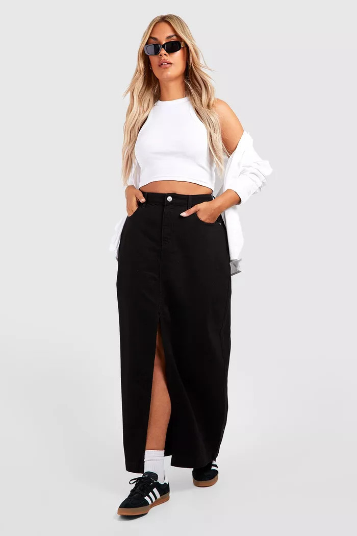 Plus Basic Split Front Denim Maxi Skirt | Boohoo.com (UK & IE)
