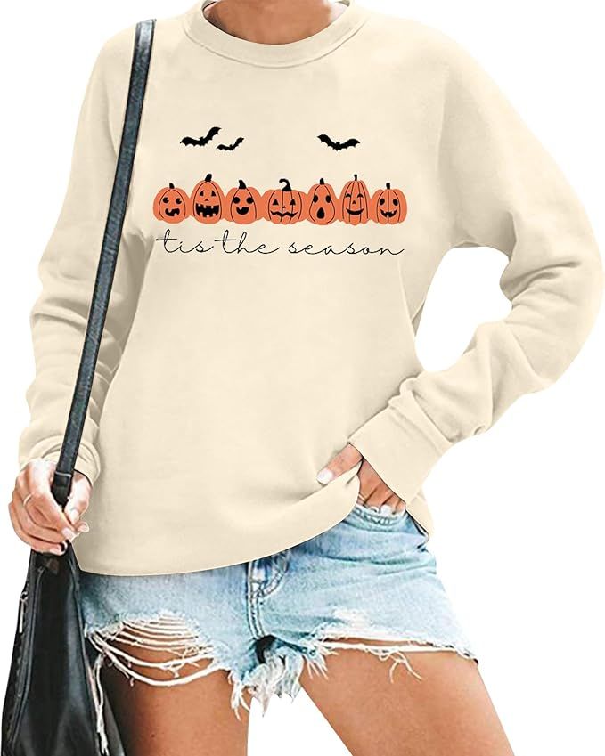 Halloween Sweatshirt Women Tis The Season Shirt Pumpkin Graphic Pullover Vintage Fall Long Sleeve... | Amazon (US)