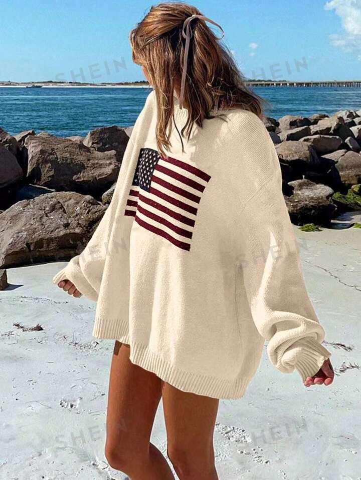 SHEIN Essnce Women's Drop Shoulder American Flag Pattern Sweater | SHEIN
