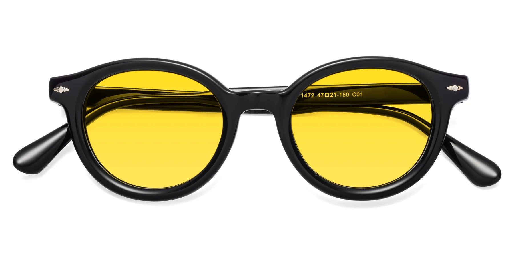 Black Narrow Acetate Round Tinted Sunglasses with Yellow Sunwear Lenses - 1472 | Yesglasses