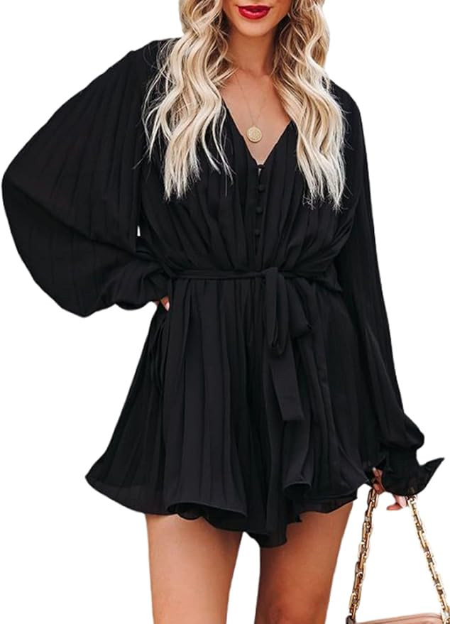 Dokotoo Womens 2022 Summer Buttons V Neck Tie Waist Flared Pleated Drape Long Sleeve Rompers Jump... | Amazon (US)