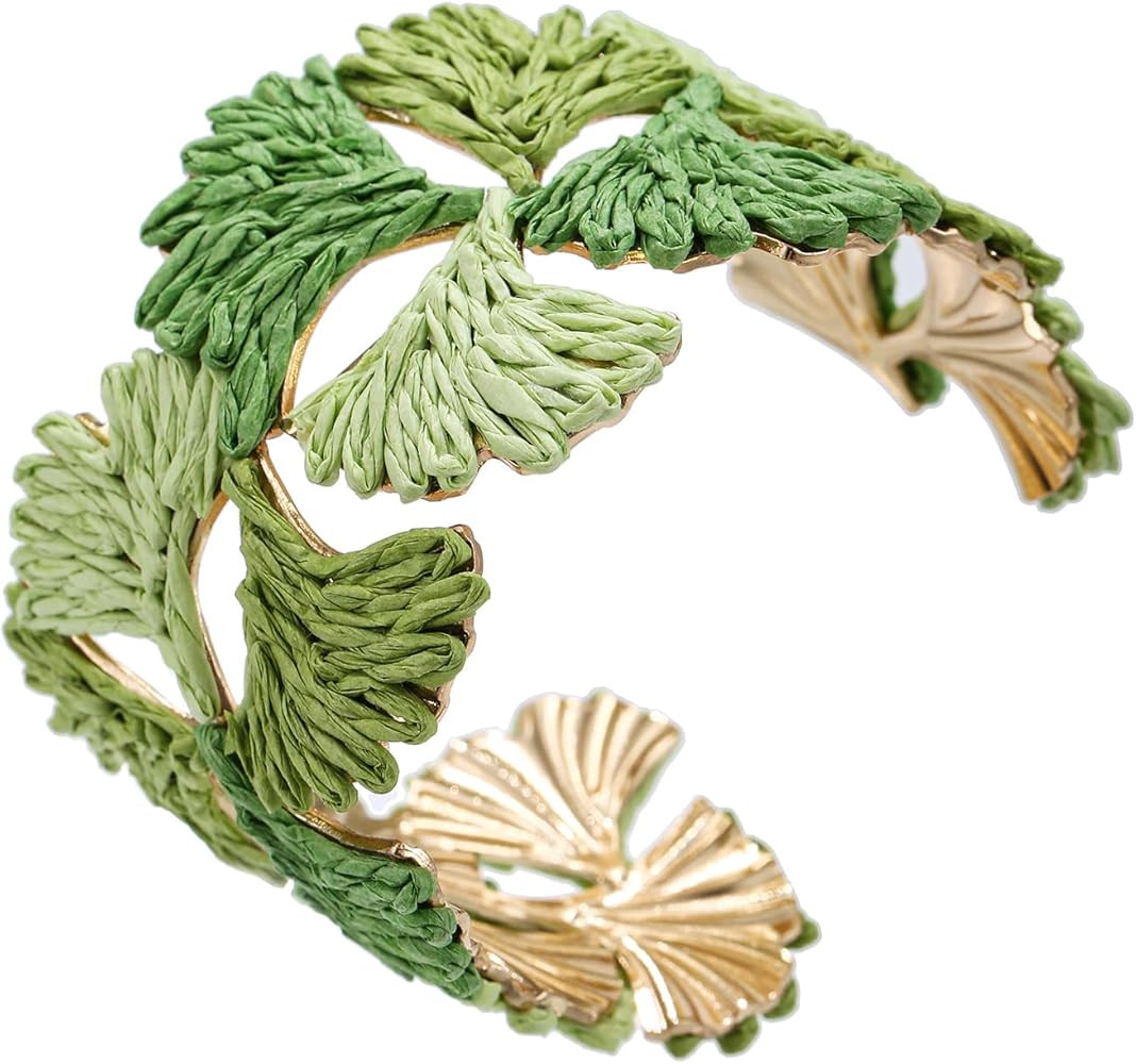Women's Raffia Cuff Bracelet with Ginkgo Leaf, Handmade Summer Beach Jewelry, Vibrant Gradient Co... | Amazon (US)