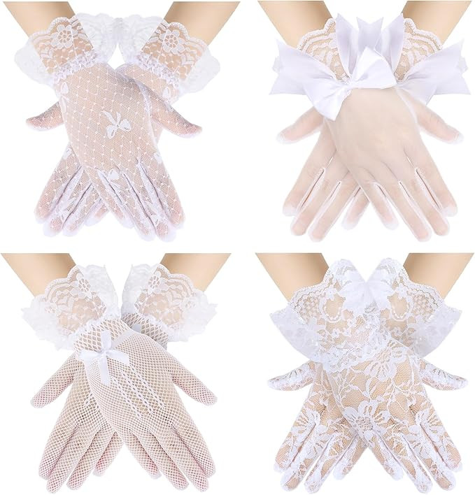 4 Pairs Tea Party Gloves for Little Girls Kids Lace Short White Satin Princess Dressing Gloves wi... | Amazon (US)