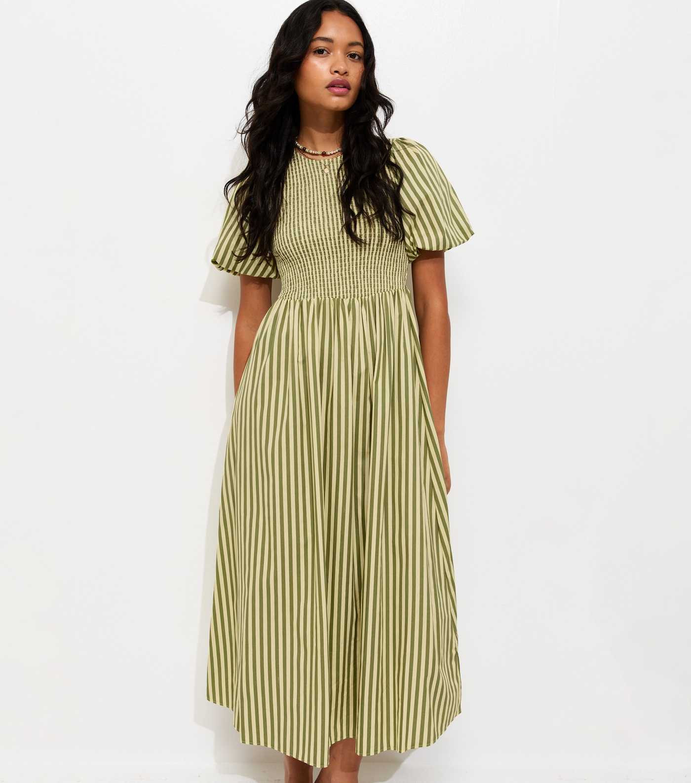 Green Cotton Striped Shirred Midi Dress | New Look | New Look (UK)