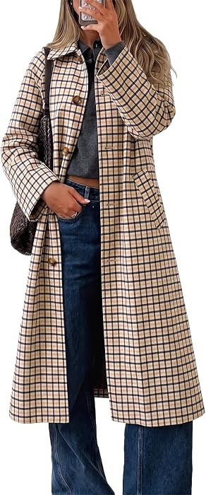 Cicy Bell Womens Plaid Trench Coat Fall Lapel Single Breasted Long Jacket | Amazon (US)