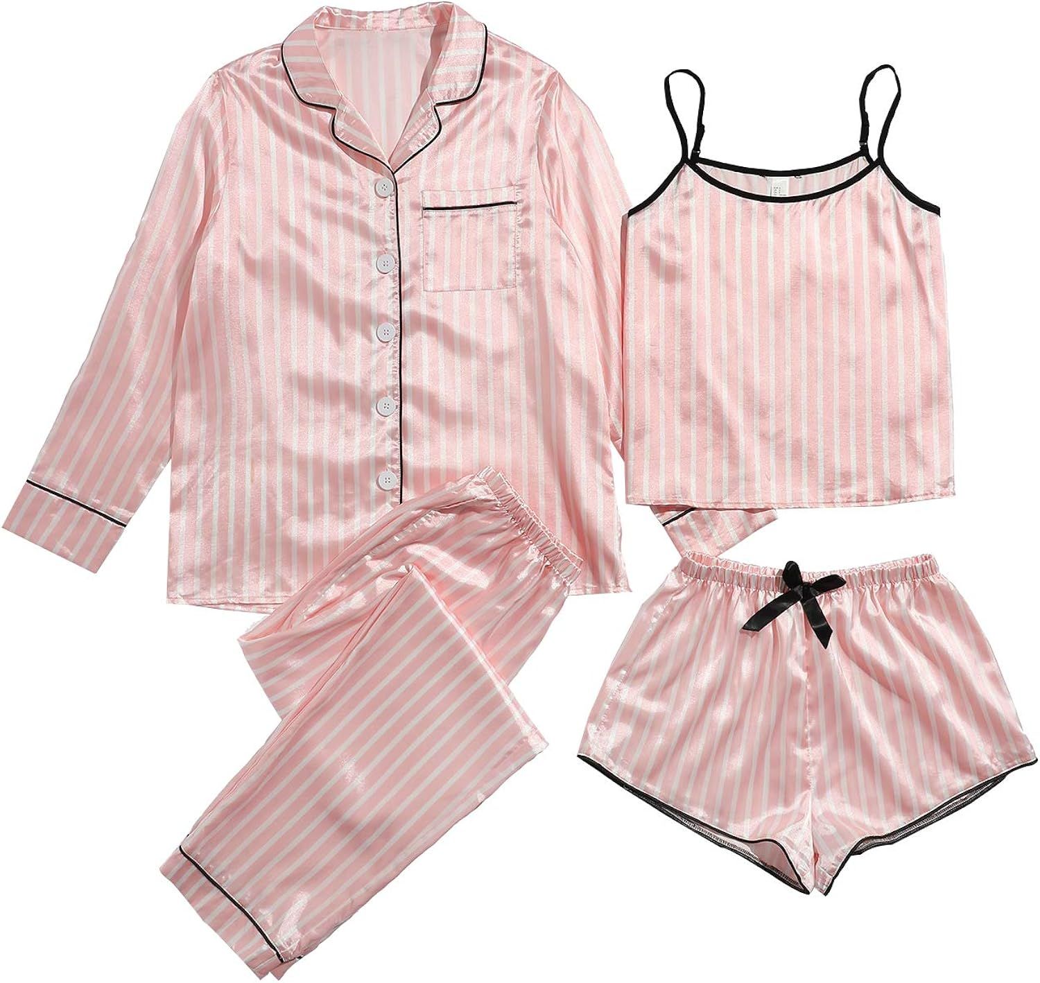 WDIRARA Women's Sleepwear 4pcs Satin Cami with Shirt Pajama Set | Amazon (US)