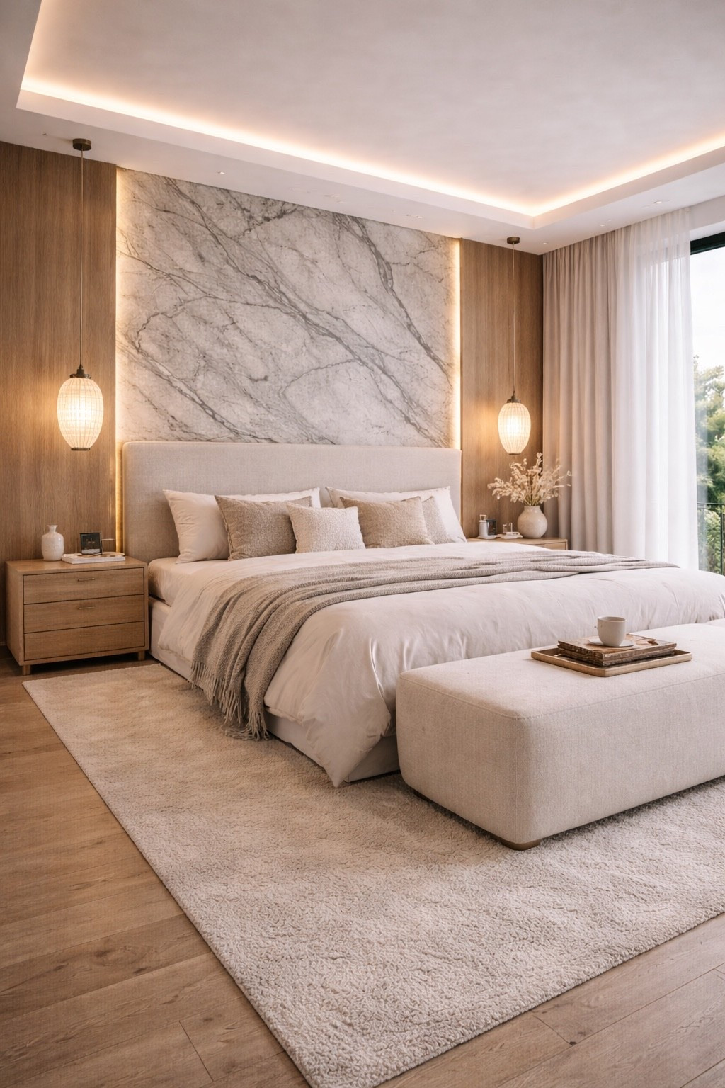 A serene modern Japandi bedroom featuring a stone accent wall, warm wooden panels, and soft LED lighting for a calm, luxurious atmosphere. This bedroom design blends contemporary minimalism with natural textures, creating a peaceful and elegant space perfect for modern homes. Ideal inspiration for luxury bedroom decor, neutral interiors, and hotel-style living. #bedroomdesign
#modernbedroom
#japandistyle
#luxurybedroom
#neutralinterior
#contemporaryhome
#interiorinspiration
#minimalbedroom
#ledlighting
#stonewall
#woodinterior
#ltkhome
