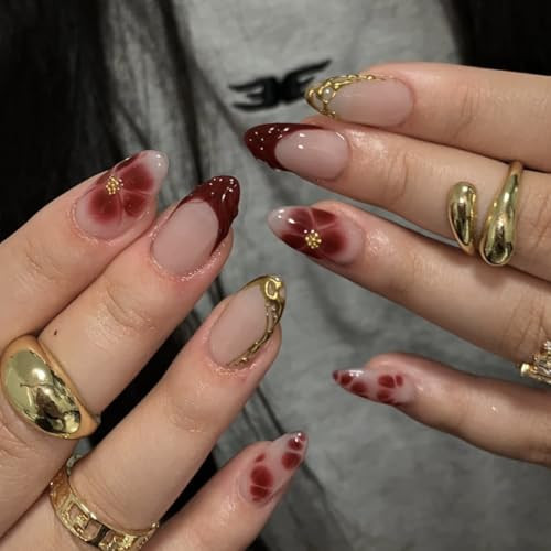 Medium Almond Press on Nails Red Fake Nails with 3D Crocodile Skin Flower Golding Nails Design French Tip Nails Press Ons Wine Red Glossy Artificial Gel Acrylic Glue on Nails Stick on Nails for Women | Amazon (US)