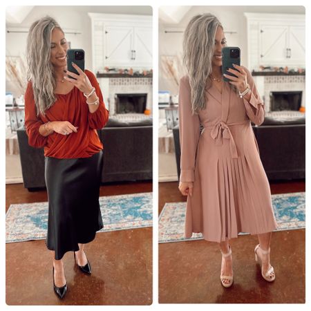 AMAZON CHURCH OUTFITS- Pleasantly surprised at the fit of that rust top. And love it with that satin skirt. The skirt is very great quality and also has a zipper. 

Pink dress is so beautiful and classy! Also surprised at the amazing quality of the dress, gray material, and side zipper as well.

All are true to size (size medium for me & 5’6”), and giving more info in stories with links. 

You can shop in my LTK by searching @jackiemariecarr_ or comment LINKS

Amazon outfits, church dress, thanksgiving outfit, Amazon Fashion, affordable style, feminine looks, professional workwear, pretty dresses, 
@amazonfashion @amazoninfluencerprogram #Amazonfind #amazonfashionfinds #amazonmusthaves #tryonreel #outfitreel #stylereel #styleinspo #momfashionblogger #winteroutfits #outfittryon #dressyoutfit

#LTKstyletip #LTKworkwear #LTKHolidaySale