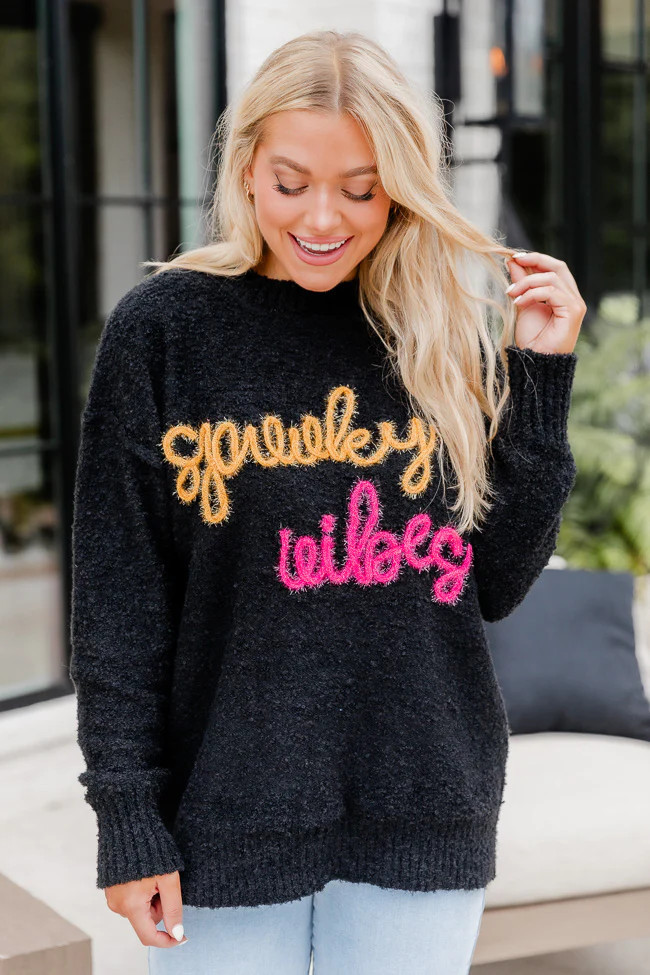 Spooky Vibes Black Tencel Embroidered Sweater | Pink Lily