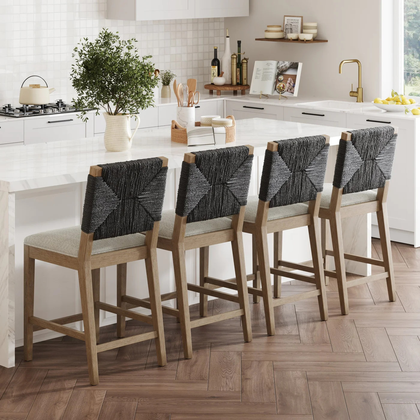 Boucle & Seagrass Counter Height Bar Stools Black (Set of 4) | Nathan James