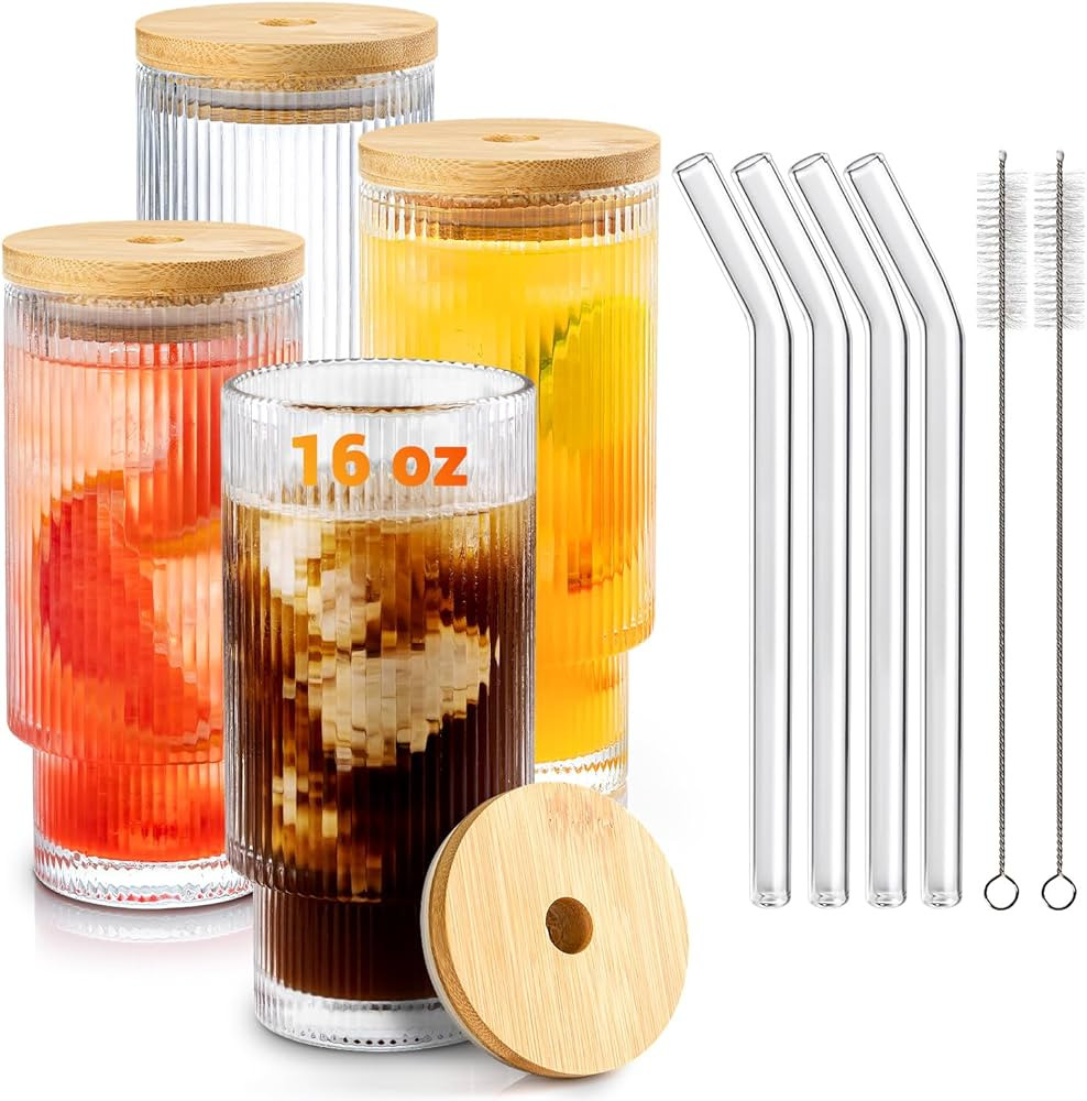 Gracenal Glass Cups with Lids and Straws 4Pcs Set, 16oz Drinking Glasses Set, Vintage Iced Coffee... | Amazon (US)