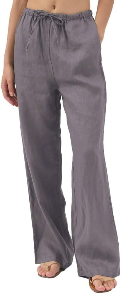 Amazhiyu Womens Pure Linen Summer Drawstring Flowy Wide Leg Pants with Pockets | Amazon (US)