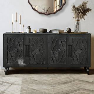 Carved Flower 63 in. W x 15.75 in. D x 32 in. H Black MDF Freestanding Linen Cabinet, with Metal Handle | The Home Depot