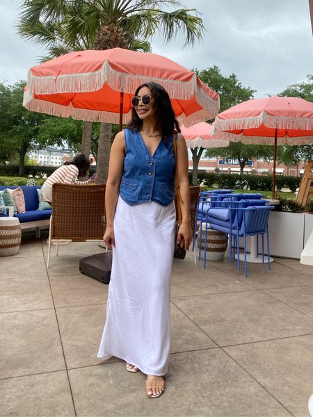 Todays Outfit for brunch : denim vest and white maxi skirt combo wearing a small in both 

#LTKTravel #LTKOver40