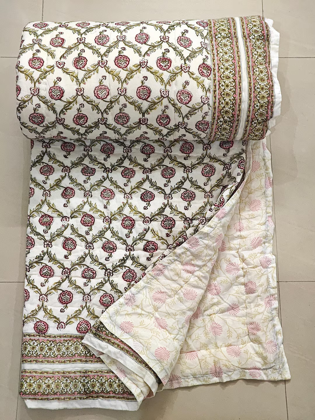 Hand Block Printed Cotton Quilt , Reversible Floral Blanket, Soft Summer Quilt, Queen quilt , Ind... | Etsy (US)