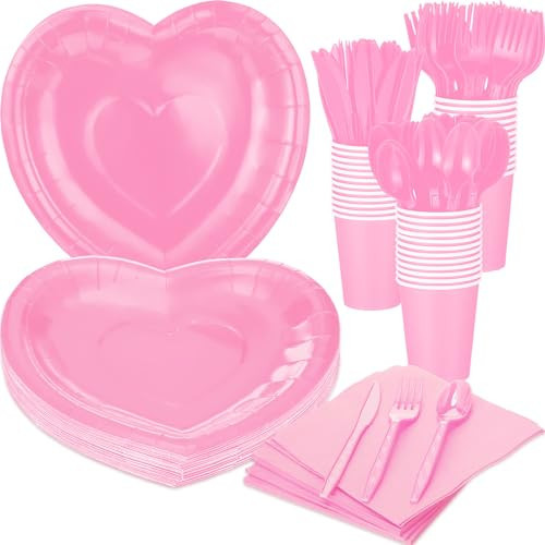 FoldTier 216 Pcs Valentines Day Heart Paper Plates Napkins Set Disposable Tableware Party Supplies, 36 Paper Plates 36 Paper Cups 36 Napkins 108 Plastic Knives, Forks and Spoons(Pink) | Amazon (US)