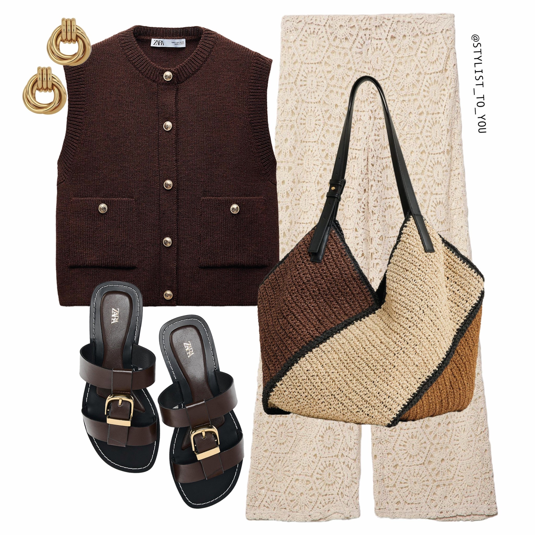 Summer crochet vibes 🐚🥥

Flat lay of a neutral-toned outfit featuring a sleeveless brown knit vest waistcoat with pockets and gold buttons, beige crochet wide-leg pants, dark brown sandals with gold buckles, a colour-blocked woven tote raffia bag, and gold statement knot earrings. crochet outfit, boho outfit, summer fashion, neutral style, resort wear, earthy tones, minimal chic, flat lay fashion, ZARA look, outfit inspo, beach style, slow fashion, sustainable vibe, woven bag, straw tote, gold accessories, casual luxe, vacation outfit, travel chic, brown aesthetic, timeless style, modern boho, spring outfit, summer outfit, chic neutral, elegant casual, capsule wardrobe, knitwear style, effortless outfit, weekend wear, Sunday style, coastal fashion, cafe outfit, relaxed chic, feminine neutral, boho modern, minimal outfit, European summer, summer must-have, earthy fashion, fashion moodboard

#LTKspring #LTKuk #LTKsummer