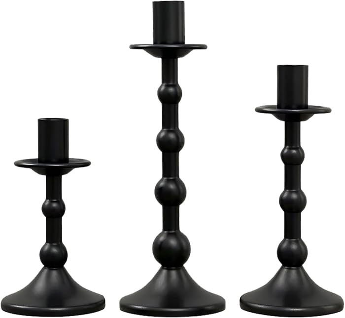 Black Taper Candlestick Metal Vintage Candle Stick Holders with Wax Drip Tray Set of 3 for Fireplace Mantel, Housewarming, Party, Holiday Decor | Amazon (US)