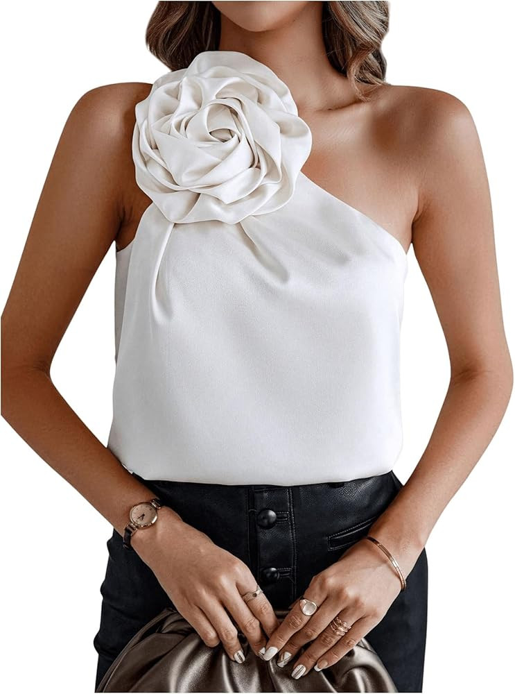 Milumia Women's 3D Flower Sleeveless Blouses One Shoulder Elegant Tank Tops | Amazon (US)